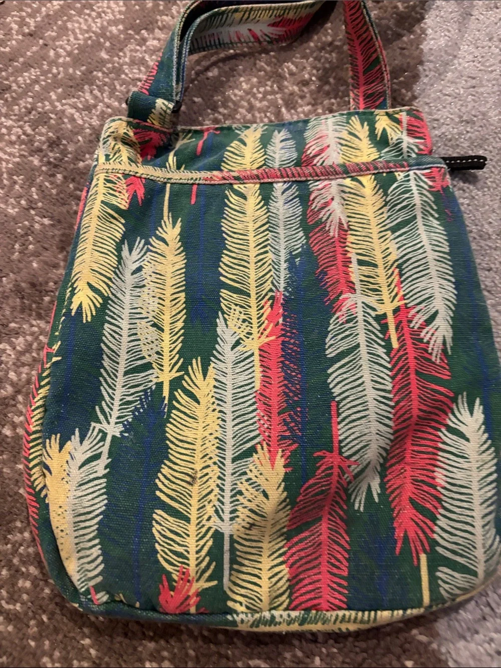 KAVU Teal Crossbody Bag with Yellow & Red Feather Print